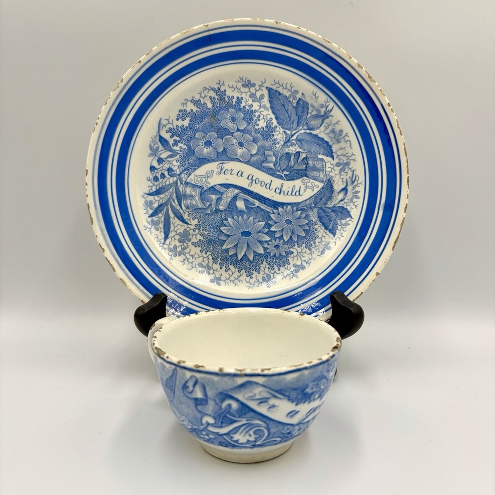 Antique Irostone Kid's Plate & Cup with Birds (For a Good Child) Blue White UK